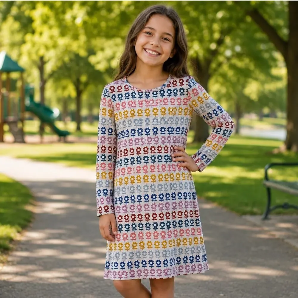 Hanna Andersson Floral Dress Size 130 cm (Girls 8) Gray Multicolor Cotton Casual